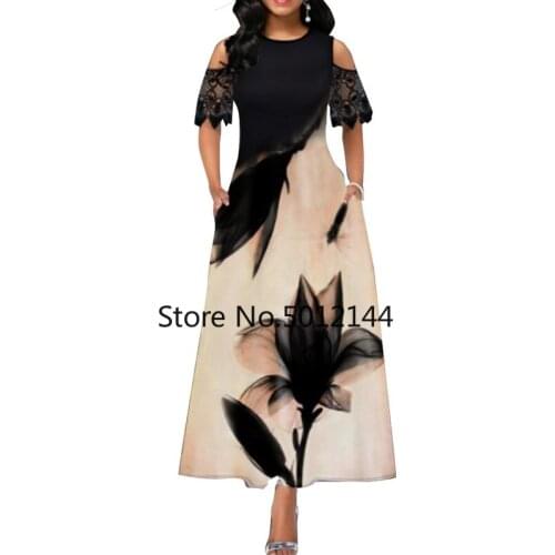 Floral Printed Women Casual Dress Summer 2021 Elegant Vintage Cold Sleeve Lace Sleeve Maxi Long Sundress Female Party Dress