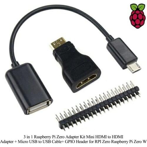 3 in 1 Raspberry Pi Zero Adapter Kit Mini HDMI to HDMI adapter+Micro USB to USB Female OTG Cable + 20 pin Male GPIO Header 0