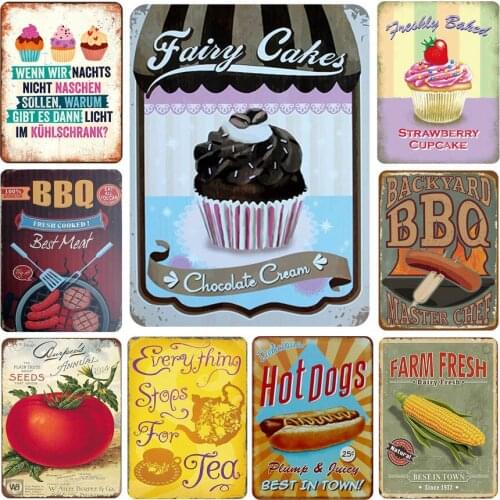 BBQ Tea Cupcake Hot Dog Tin Sign Vintage Metal Plate Retro Iron Painting Wall Decoration For Shop Home Restaurant