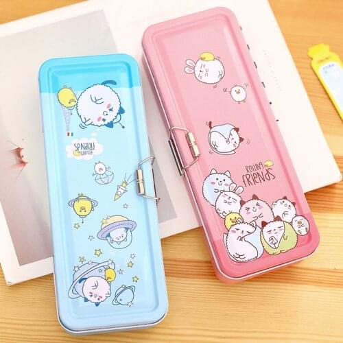 Free Shipping 1pc/lot Light Blue and Pink Kawaii Cartoon Pencil Case Three Layer Large Capacity Pencil Box for Boys and Girls