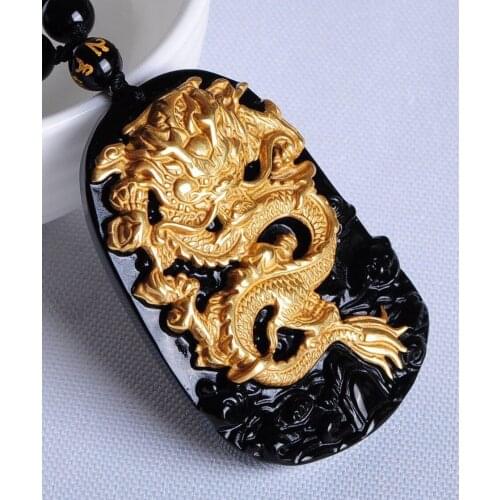 Free shipping Natural gold obsidian The dragon necklace pendant with rope wholesale