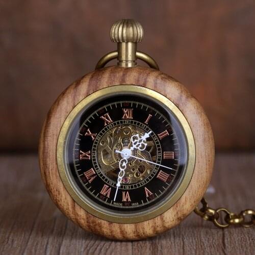 5pcs Creativity Wooden Mechanical Pocket Watches Men Women Black Dial Hollow Skeleton Pocket Watches Roman Numerals Watches