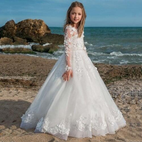Elegant Flower Girl Dresses for Wedding Organza Appliques Scoop Neck First Communion Dresses Pearls Kids Wedding Party Ball Gown