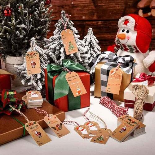 Christmas Ornament Retro Kraft Paper Gift Tag Santa Claus Snowman Christmas Tree Party Gift Wrapping Labels 100pcs With 20m Rope