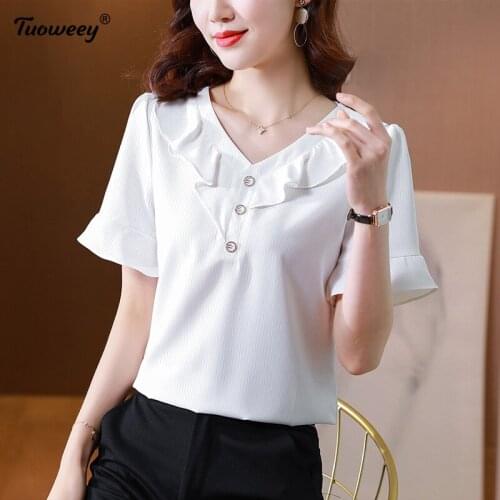 Fashion solid office ruffle Chiffon Shirt Loose Buttons Tops Casual Summer Ladies Female Women short Sleeve Blusas Pullover