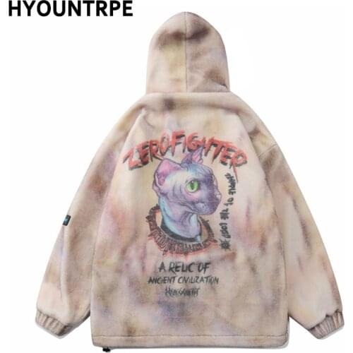 Mens Hip Hop Cats Harajuku Printed Fleece Jackets Coats Hairy Zipper Oversize Hoodies Outerwears Warm Thick Streetwear Parkas