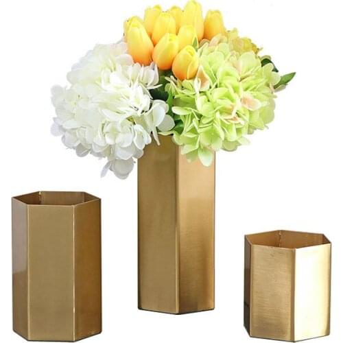 Nordic simple model room living room creative hexagonal bronze metal home decoration dry flower vase ornaments