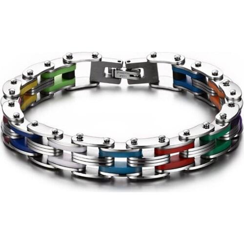 New Sale Fashion Jewelry Stainless Steel Silver Color Bicycle Motor Men Womens Colorful Silicone Chain Bracelet Wristband8" 12mm