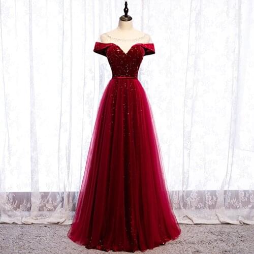 New Burgundy Evening Dress Beads Bling O-Neck A-Line Floor-Length Sequins Short Sleeves New Tulle Party Formal Gown Woman B301