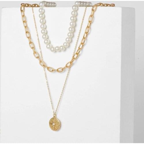 Fever&Free Bohemian Antique Choker Collar Pearl Necklace Round Alloy Gold Statement Coin Pendant Necklace For Women Jewelry Gift