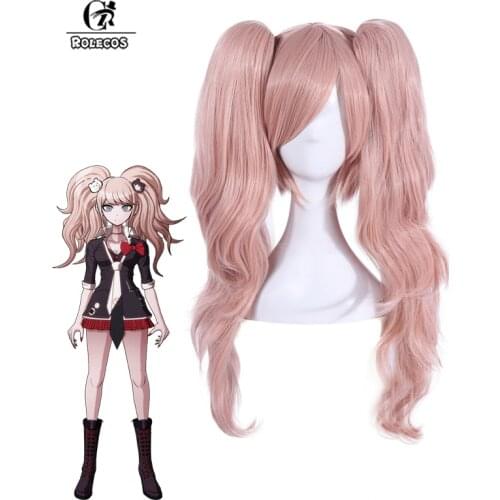 ROLECOS Danganronpa Junko Enoshima Cosplay Wig Game Cosplay 65cm Pink Ponytail Buches Women Hair Synthetic High Temp Fiber