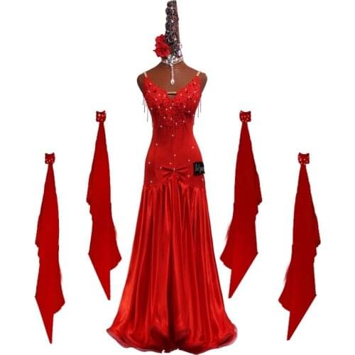 Ballroom Dance Dress Standard Skirt Competition Dress Costumes Performing Dress Customize New Arrival Adult Kids Red Embroidered