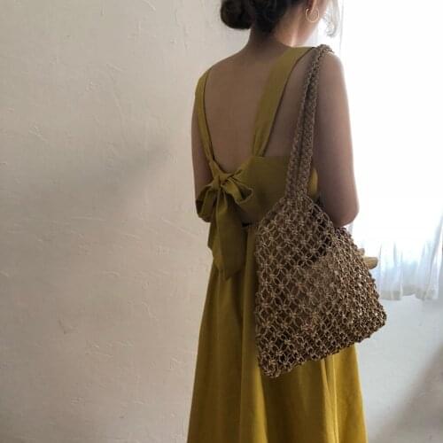 2020 Women Summer Vintage Cotton Linen Yellow Backless Bow Tie Long Shirt Dress Sleeveless Holiday Tank Dresses Single Breasted