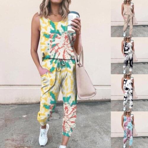 Tie-dye Printed Casual 2 Pieces Set Summer Sleeveless Women Home Wear Suit Fashion Ladies Lounge Wear Clothes Female Outfits