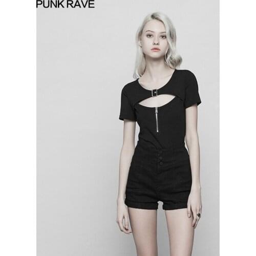 PUNKRAVE Womens Punk T-shirts Handsome Fashion Elastic Knitted Hollow Out Zipper Decoration Short Sleeve Casual Short Tees