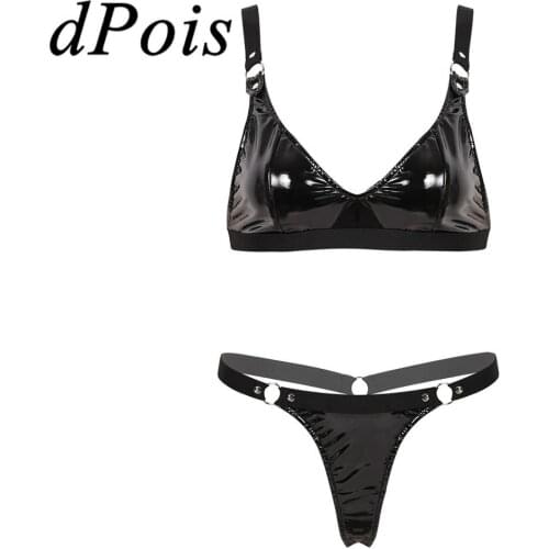 2pcs Sexy Womens Mini Micro Bikini Swimming Swimwear Swimsuit Female Shiny Leather Bra Top G-string T-back Underwear Lingerie