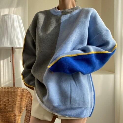 Korean Chic Autumn Winter Sweater Harajuku Hit Color Patchwork O Neck Pullovers Streetwear Japanese Oversize Sueter Mujer