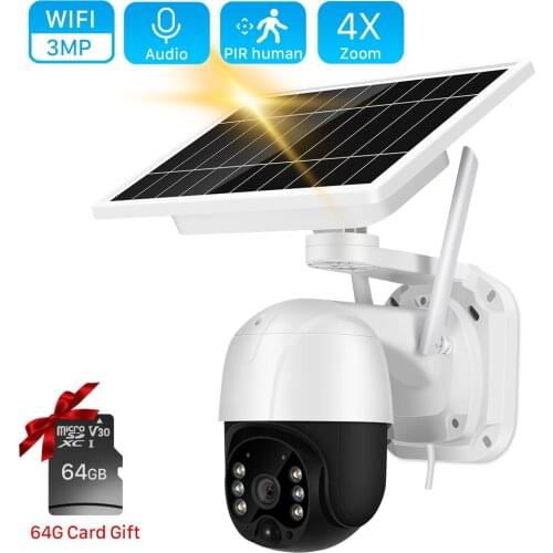 Wifi Solar Camera Outdoor 3MP PIR Human Detection Two Way Audio Wireless PTZ Camera 30M Color Night Vision CCTV Security Camera