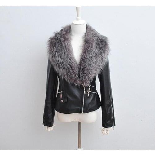 Real shot womens jacket zipper motorcycle leather female short coat faux fur fur collar stitching leather jacket