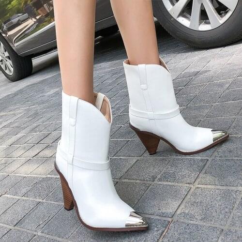 Womens western boots Genuine leather boots women metal pointed toe high heels autumn winter boots fashion west ankle boots