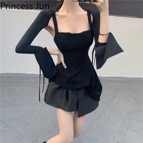 Dark Girl Punk Style Black Two Piece Dress Outfits Long Flare Leeve Little Shawl&Strap Irregular Puff Skirt Sets 2pc Chic Suits