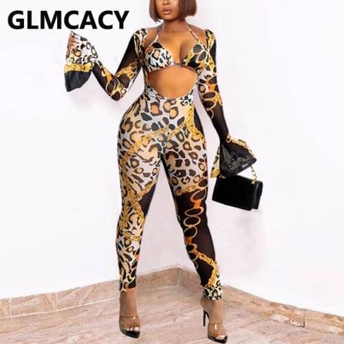 Women Two Piece Leopard Jumpsuit Set Flare Sleeve Skinny Jumpsuit & Bra Top