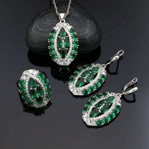 Silver 925 Jewelry Green CZ White Crystal Jewelry Sets for Women Party Birthday Gift Earrings Pendant/Rings/Necklace Set