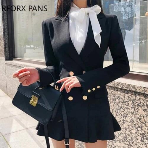 Women Solid Long Sleeve Double Breasted Pocket Design Ruffles Blazer Dress Casual Dress Elegant Party Dress