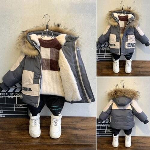 Winter Boys Coat Baby Fur Collar Hooded Jackets Cotton Plus Velvet Thicken Warm Jacket for Children Kids Clothes for Boys Coat