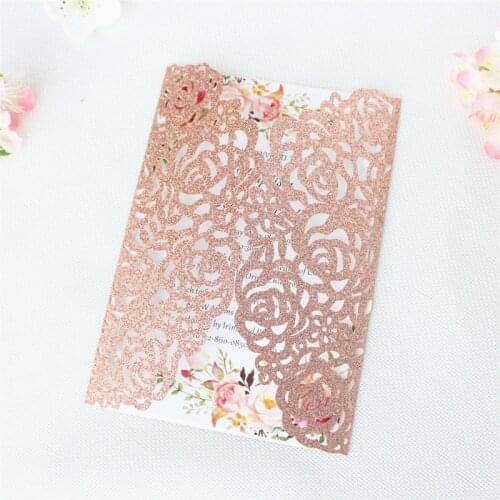 100 pieces/lot) Luxury Rose Gold Glittery Wedding Invitations With Bowknot Customized Print Quinceanera Birthday Cards IC055