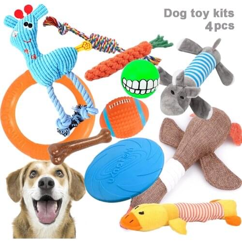 4 Pcs Dog Toys Pet Bones Ball Flying Discs Squeak Chew Soft Toy Kit Small Large Dogs Lnteractive Trainings Set Puppy Toys For