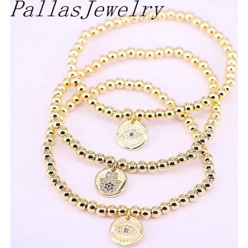 8Pcs Handmade 4MM Beads Balls Charm Gold Color Bracelet Bangles cz Jewelry For Men Women
