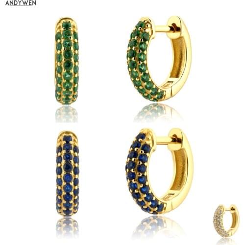 ANDYWEN 925 Sterling Silver Green Blue Zircon CZ Huggies Double Crystal Hoops 2020 Piercing Colorful Pendiente Ohrringe Jewelry