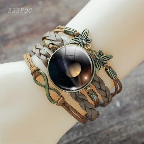 Eight Planet Bracelet Solar System Jupiter Mercury Neptune Sun Moon Saturn Earth Glass Cabochon Multi-layer Leather Bracelet