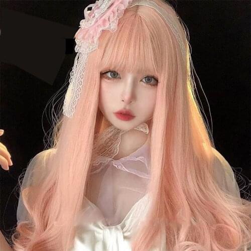 Long Wavy Synthetic Wig Orange Yarn Powder Hair with Bangs Lolita Cosplay Halloween Party Wigs For Women Heat Resistant Wig Girl