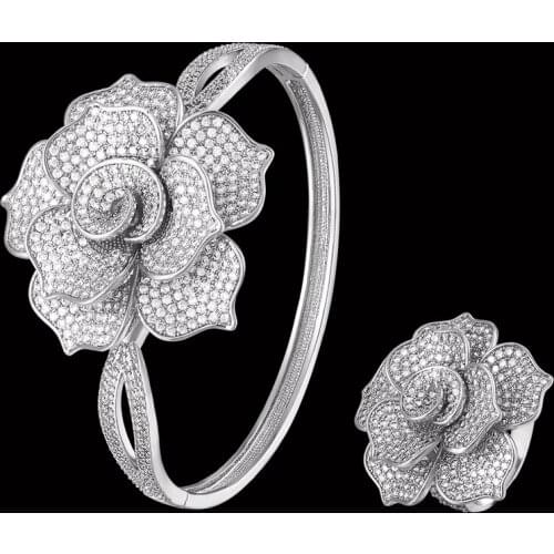 Funmode Shiny Cubic Zirconia Micro Pave Flower Cuff Bangle Ring For Wedding White Princess Cut Wedding Jewelry Accessories FS247