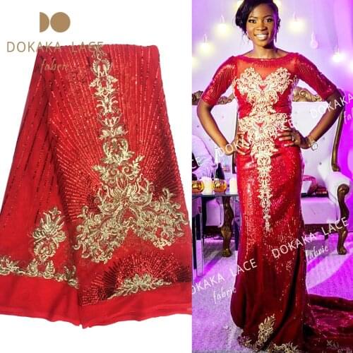 Red And Gold Sequined Embroidered Mesh Net Lace Fabric Noble Style For India Lady Dresses Material Party Wedding Tulle Fabrics