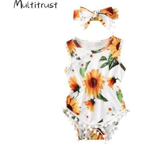 Multitrust 2020 Baby Girl Summer 2 Pieces Suit Sunflower Print Sleeveless Bodysuits + Bow Hairband 2pcs