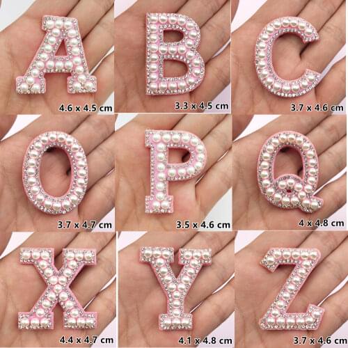 Fashion Rhinestone Pearl Embroidery Patches For Clothing Iron On Patch DIY Sticker Clothes Backpack Hat Applique Pink Letter A-Z