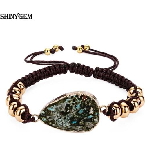 Fashion Irregular Dark Green Natural Stone Bangles Gold Plating Adjustable Brown Rope Braid Bohemian Charm Bracelet For Women