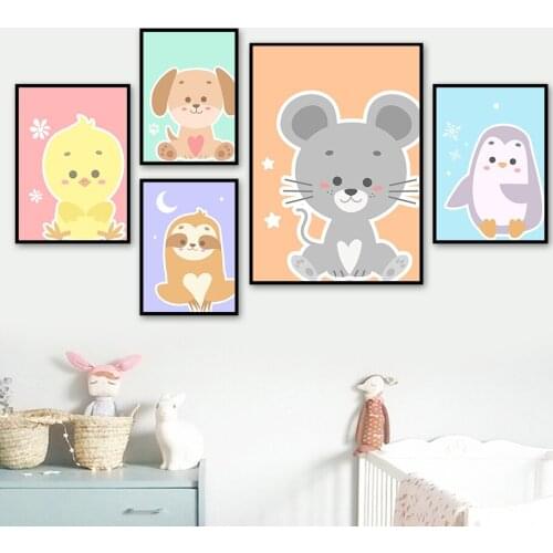 Littel Duck Mouse Penguin Dog Animal Wall Art Canvas Painting Nordic Posters And Prints Wall Pictures For Kids Room Bedroom Home