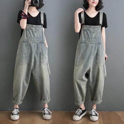 New 2021 Loose Jeans Overalls For Women Casual Plus Size Wide Leg Denim Jumpsuit Femme Straps Baggy Pants Big Pockets Dungarees