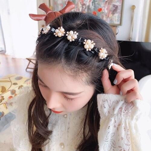 2021 Imitation Pearl Rhinestone Hairbands For Women Fashion Braided Bangs Hairstyle Clip Hair Accessories Girl Non-slip Headband