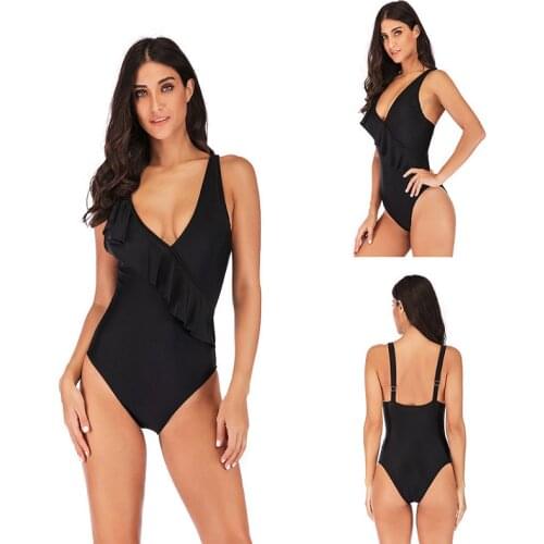 Solid Black Ruffled Large Size One-Piece Swimsuit Ladies Sexy Lace-Up Swimsuit 2021 Beach Swimsuit Fashion Swimsuit Kупальники