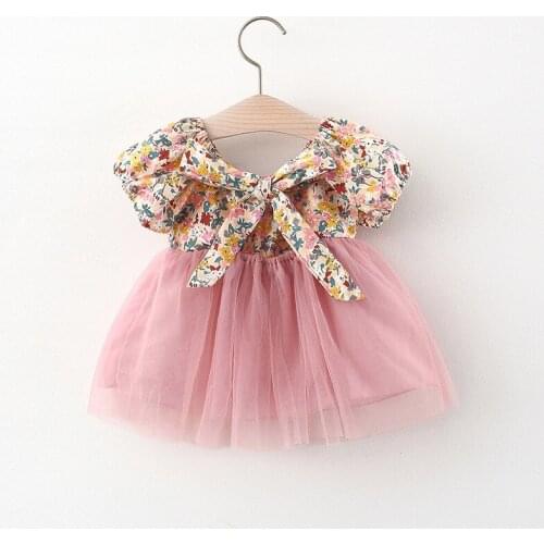 Baby Girls Dress 2021 Summer Toddler Girl Floral Bow Holiday Linen Costumes Short Sleeve Children Mesh Patchwork Vestidos 6-24M