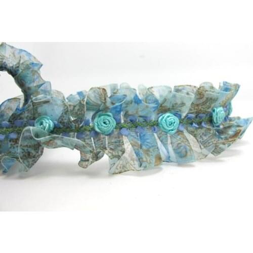 Pleated Trim|w Rococo Flower Trim|1 1/2 Inches Pleated Ombre Printed Chiffon Trim|Organza Chiffon Trim|Retro Handmade Supplies