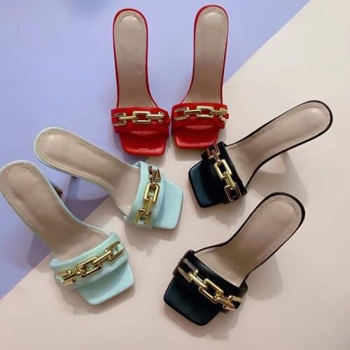 Women Shoes Square Open Toed High Heels Female Summer Fashion Square Chain Leisure Office Ladies Prom Sandals