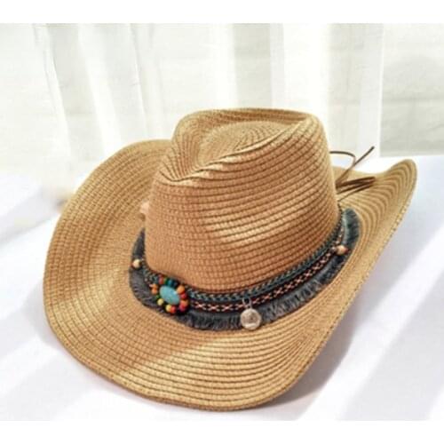 Straw Hat for Women Men Western Cowboy Hat Lady Trendy Woven Sun Hat Beach Cap Shell Tassels Cowgirl Summer Hat
