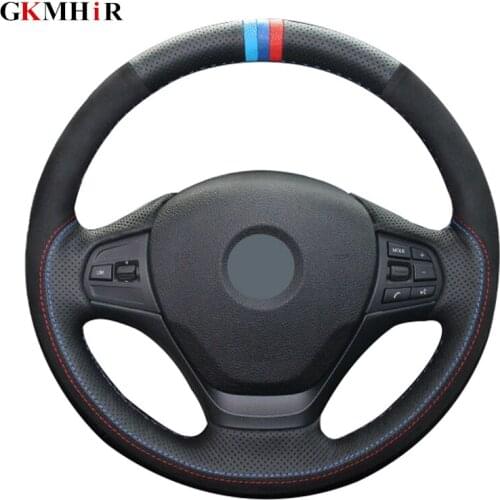 DIY Hand-stitched Black Genuine Leather Black Suede Car Steering Wheel Cover for BMW F20 F21 F22 F23 F30 F31 F34