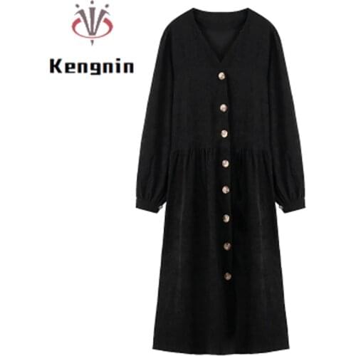 Loose Oversized Corduroy Women Dresses 2021 Autumn Long Puff Sleeve Lady Black Dress Vestidos Button Shirt Dress Robe KE1692